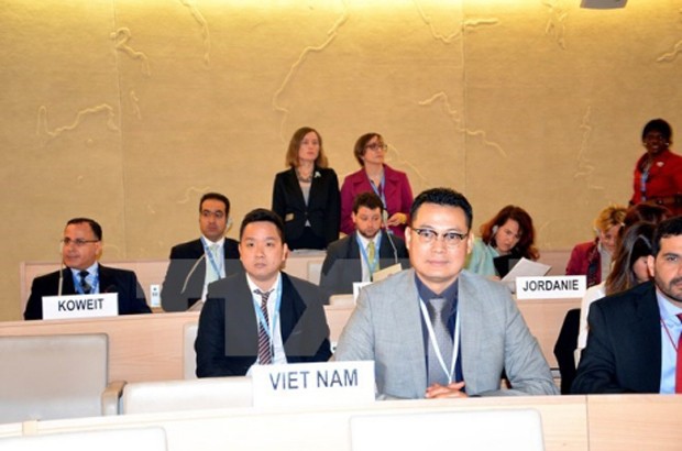 Đại sứ Nguyễn Trung Thành tại một phiên họp Hội đồng Nhân quyền. Ảnh:TTXVN.