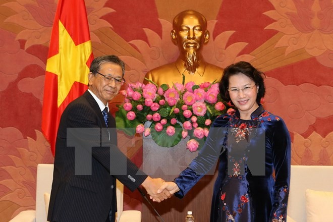 Chủ tịch Quốc hội Nguyễn Thị Kim Ngân tiếp Đại sứ đặc mệnh toàn quyền Nhật Bản tại Việt Nam Fukaka Hiroshi đến chào xã giao. (Ảnh: Trọng Đức/TTXVN)