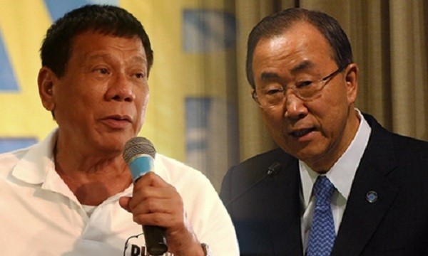 Tổng thống Philippines Rodrigo Duterte (trái) và Tổng thư ký Liên Hợp Quốc Ban Ki-moon. Ảnh: Rappler.