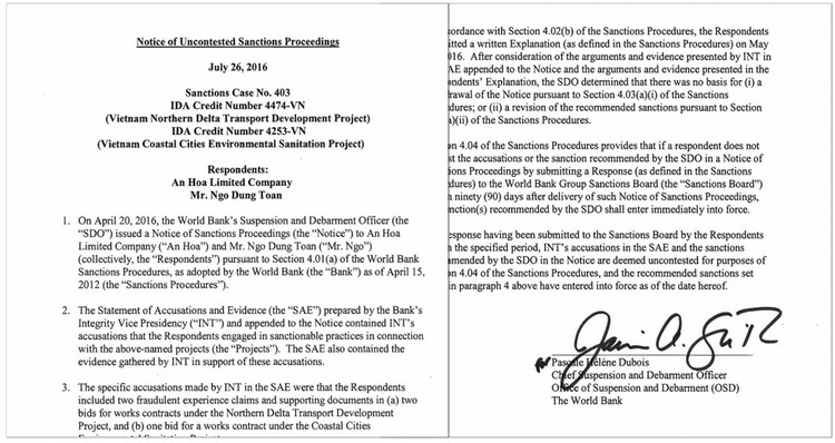 Công ty TNHH An Hòa bị World Bank cấm tham gia đấu thầu đến ngày 25/7/2021