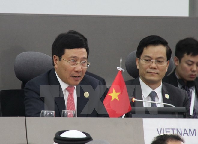 Phó Thủ tướng, Bộ trưởng Ngoại giao Phạm Bình Minh phát biểu trong phiên họp chiều 17/9 của Hội nghị cấp cao NAM. (Ảnh: Vũ Lê Hà/TTXVN)