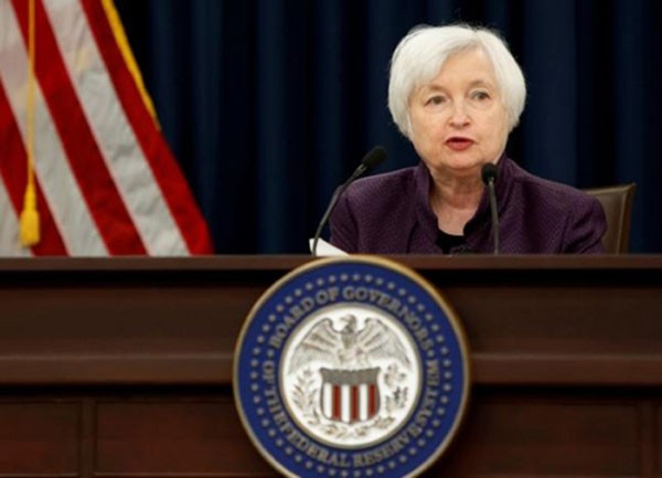 Chủ tịch Fed - bà Janet Yellen trong buổi họp báo sau phiên họp. Ảnh:Reuters