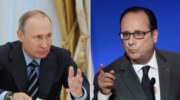 Tổng thống Nga Vladimir Putin và người đồng cấp Pháp Francois Hollande. Ảnh:RT
