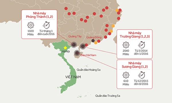 Ba nhà máy hạt nhân mới của Trung Quốc nằm sát biên giới Việt Nam. Đồ hoạ: Tiến Thành