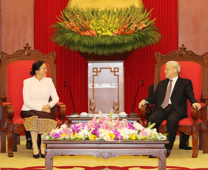 Tổng Bí thư Nguyễn Phú Trọng đánh giá cao ý nghĩa và tầm quan trọng chuyến thăm Việt Nam của Chủ tịch Quốc hội Lào Pany Yathotou. Ảnh: Trí Dũng