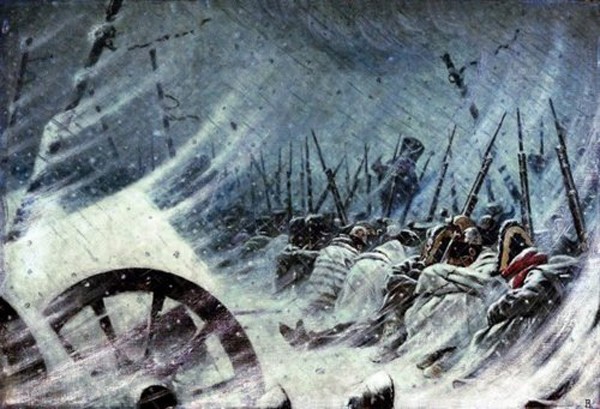 Đội quân của Napoleon co ro trong giá lạnh mùa đông nước Nga. Ảnh:War History