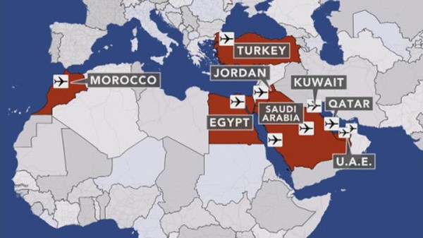 Lệnh cấm với thiết bị điện tử nhằm vào các chuyến bay thẳng tới Mỹ từ 8 nước ở Trung Đông và Bắc Phi. Đồ hoạ:CBSNews