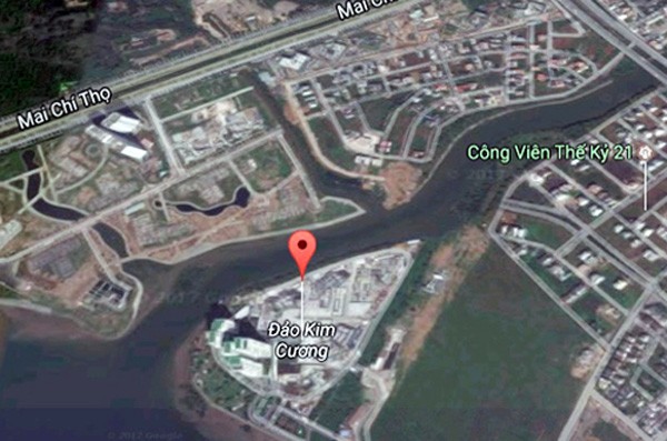Đảo Kim Cương được bao trọn bởi sông Sài Gòn và Giồng Ông Tố. Ảnh:Google maps.