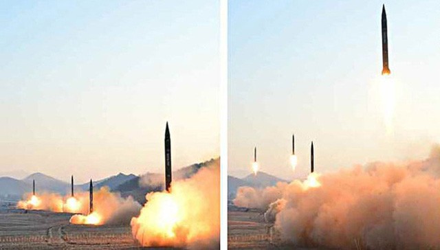 Triều Tiên đã phóng thử đồng thời 4 tên lửa trong cuộc thử nghiệm hồi đầu tháng Ba, 3 trong số đó rơi xuống vùng đặc quyền kinh tế của Nhật Bản. (Ảnh: Rodong Sinmun)