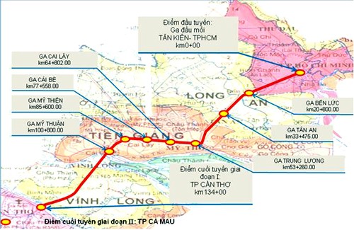 Sơ đồ tuyến đường sắt TP HCM - Cần Thơ.