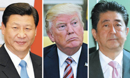 Chủ tịch Trung Quốc Tập Cận Bình, Tổng thống Mỹ Donald Trump và Thủ tướng Nhật Bản Shinzo Abe. Ảnh:AP.