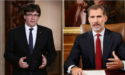 Lãnh đạo vùng Catalonia Carles Puigdemont (trái)và VuaTây Ban Nha Felipe VI. Ảnh:BBC.