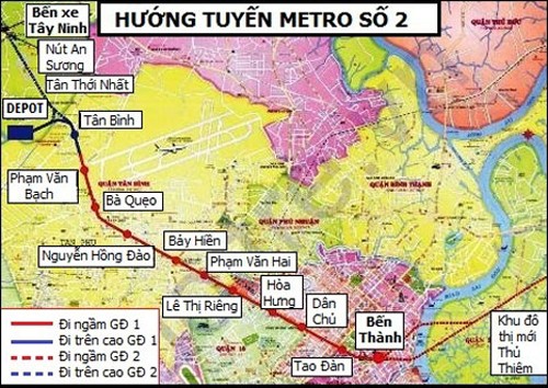Sơ đồ hướng tuyến của tuyến metro số 2 tại TP HCM. Ảnh:BQL Đường sắt đô thị TP HCM.