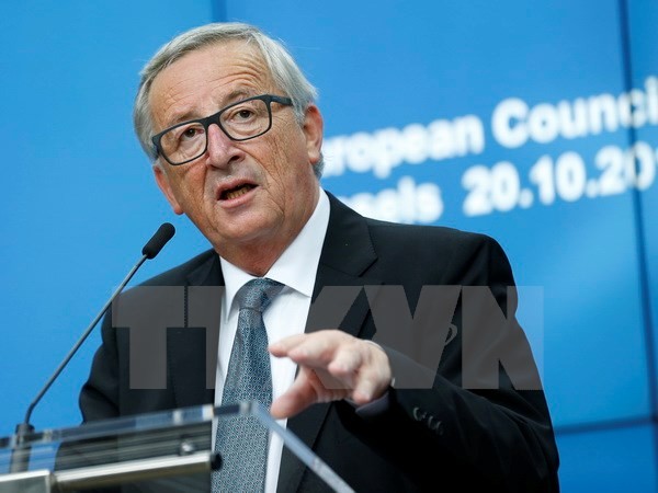 Chủ tịch Ủy ban châu Âu Jean-Claude Juncker tại cuộc họp báo ở Brussels, Bỉ. (Nguồn: THX/TTXVN)