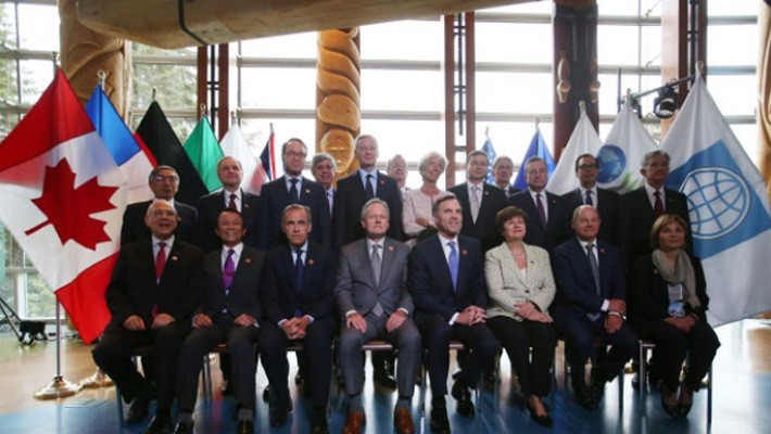 Các đại biểu tham dự hội nghị bộ trưởng tài chính và thống đốc ngân hàng trung ương G7 tại Canada ngày 1/6 - Ảnh: Reuters.