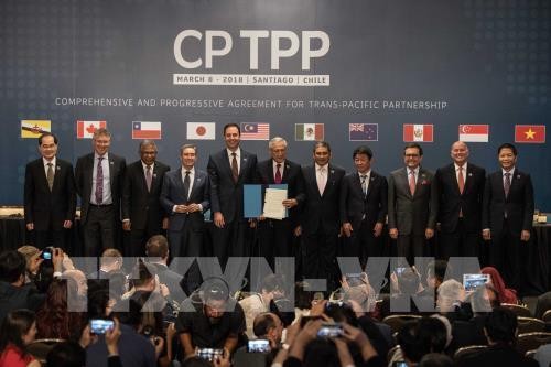 Bộ trưởng Bộ Công Thương Việt Nam Trần Tuấn Anh (phải) cùng đại diện các nước tham gia lễ ký Hiệp định CPTPP ở Santiago ngày 8/3. THX/ TTXVN