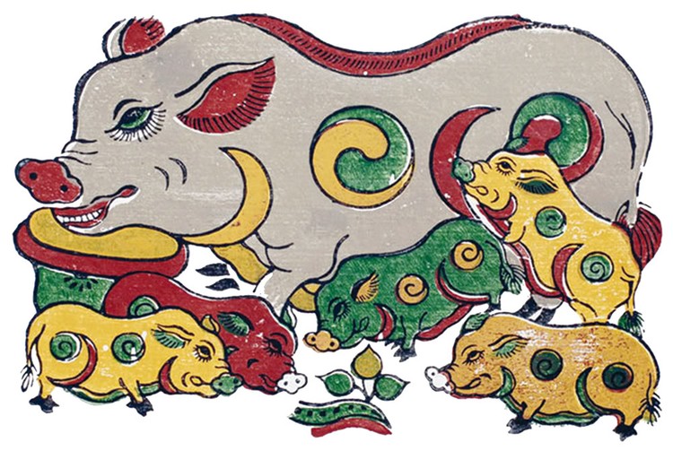 Hình ảnh chú lợn với vòng tròn âm dương xuất hiện không chỉ trong tranh dân gian Đông Hồ xưa, mà còn trong tác phẩm của các họa sỹ thời nay