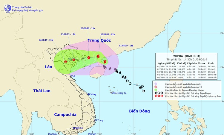 Bão số 3 dự kiến đổ bộ vào đất liền các tỉnh từ Quảng Ninh đến Thái Bình từ sáng 2/8