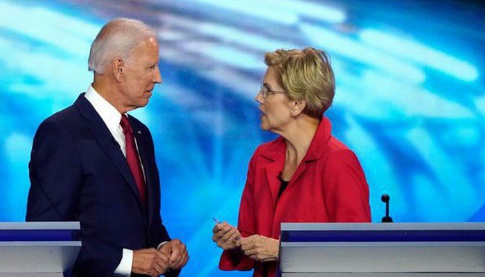 Cựu Phó tổng thống Mỹ Joe Biden (trái) và thượng nghị sỹ Elizabeth Warren - Ảnh: Reuters/WSJ.