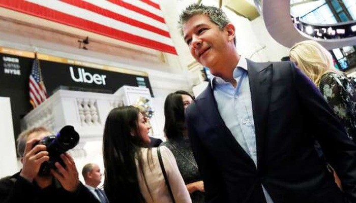 Người đồng sáng lập, cựu CEO Uber, Travis Kalanick, tại Sàn Chứng khoán New York khi Uber lên sàn vào ngày 10/5/2019 - Ảnh: Reuters.