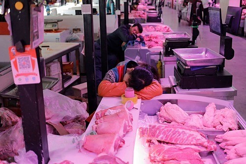 Người bán thịt heo tại Bắc Kinh chợp mắt trong lúc chờ khách vào tháng 10/2019.Ảnh: Wu Hong
