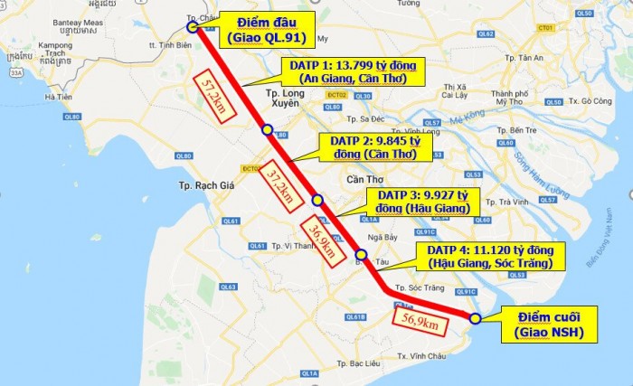 Dự kiến hướng tuyến dự án cao tốc Châu Đốc - Cần Thơ - Sóc Trăng. Ảnh Internet