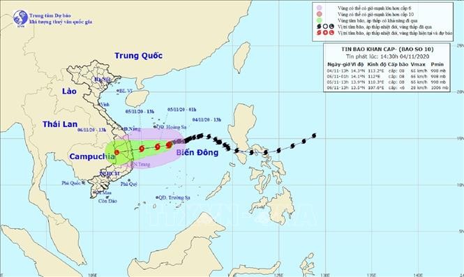 Bản đồ đường đi của bão số 10 trên Biển Đông. Ảnh: TTXVN phát