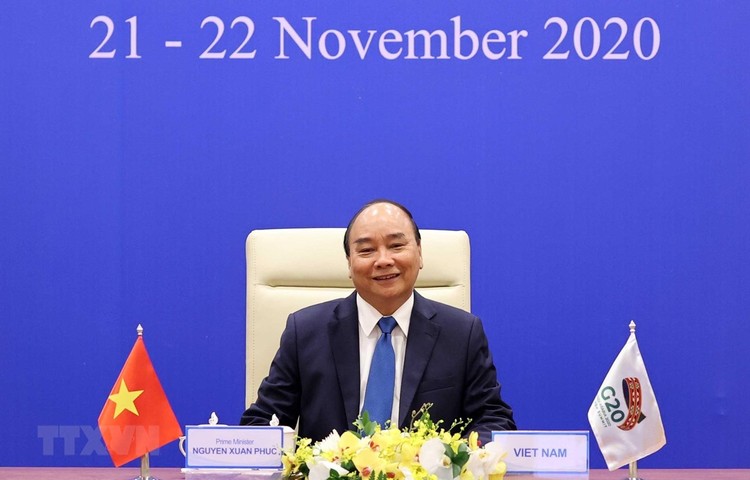 Thủ tướng Nguyễn Xuân Phúc phát biểu tại Hội nghị thượng đỉnh G20 trực tuyến. Ảnh: TTXVN
