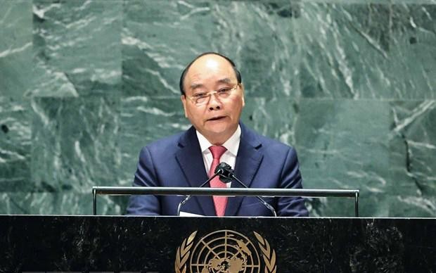 Chủ tịch nước Nguyễn Xuân Phúc phát biểu tại Phiên thảo luận Cấp cao Đại hội đồng Đại hội đồng Liên hợp quốc lần thứ 76. Ảnh: TTXVN