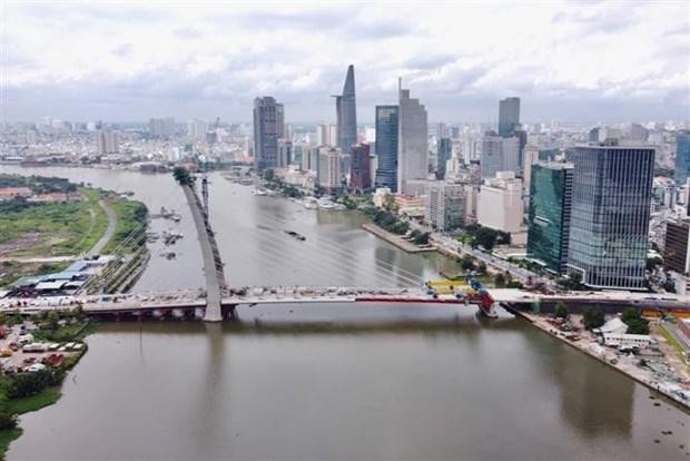 Cầu chính dự án cầu Thủ Thiêm 2 hợp long vào dịp Quốc khánh, ngày 2/9/2021. Ảnh: TTXVN