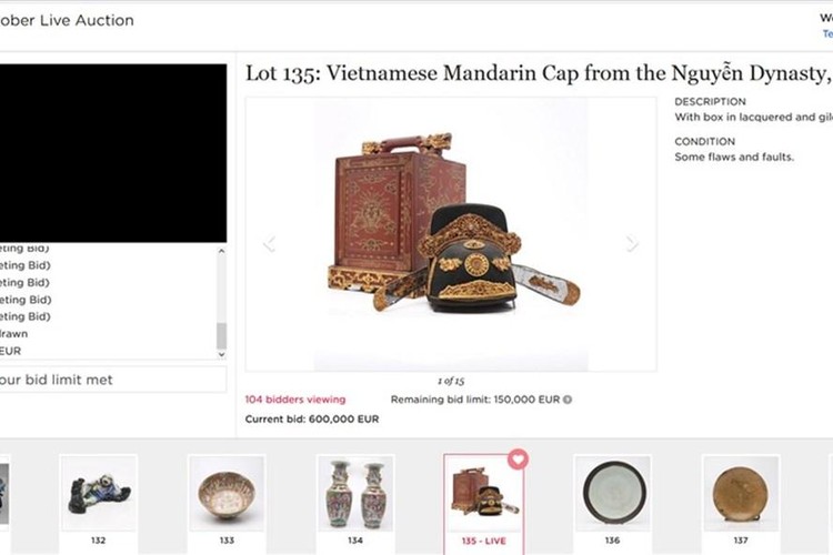 Mũ quan triều Nguyễn đã được bán với giá 600.000 Euro, gấp 1.000 lần giá khởi điểm