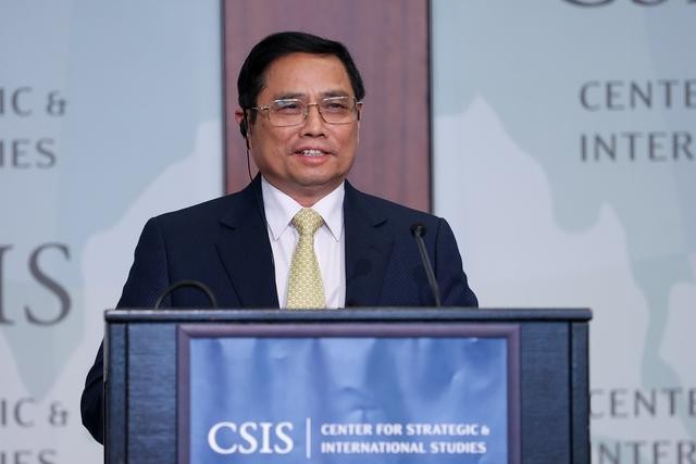 Thủ tướng Phạm Minh Chính phát biểu tại Trung tâm nghiên cứu Chiến lược và Quốc tế Hoa Kỳ (CSIS) - Ảnh: VGP