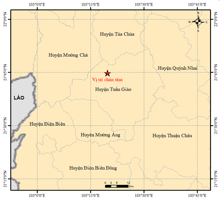 Tâm chấn trận động đất mạnh 3 độ richter tại huyện Tuần Giáo, tỉnh Điện Biên. Ảnh: Viện vật lý địa cầu