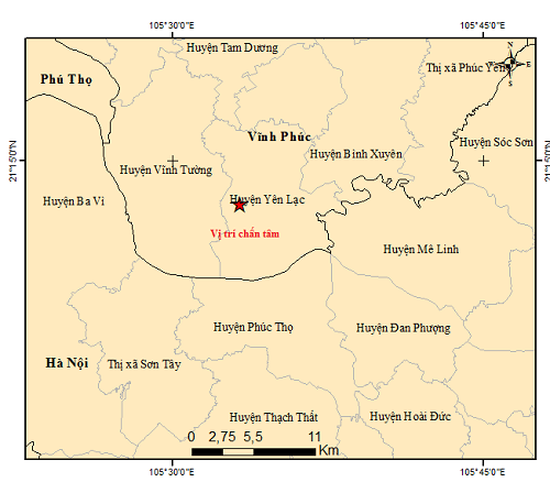 Vị trí trận động đất mạnh 3.3 độ richter xảy ra tại huyện Yên Lạc (tỉnh Vĩnh Phúc). Ảnh: Viện Vật lý Địa cầu