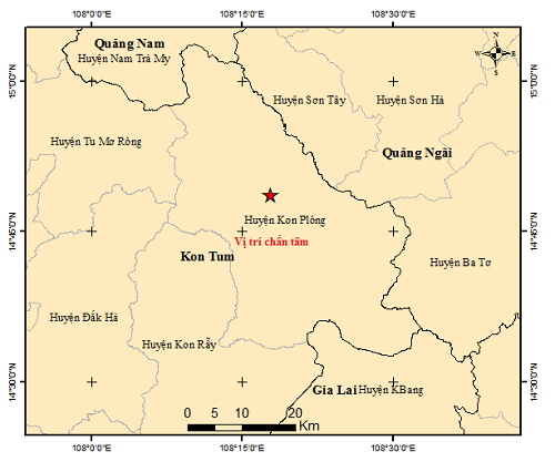 Vị trí trận động đất tại Kon Plông, Kon Tum