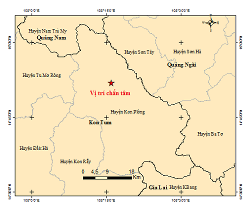 Vị trí trận động đất tại huyện Kon Tum