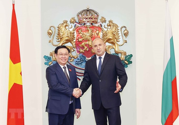 Chủ tịch Quốc hội Vương Đình Huệ hội kiến Tổng thống Bulgaria Rumen Radev. Ảnh: TTXVN