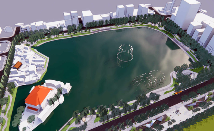 Phối cảnh tổng thế thiết kế đô thị khu vực hồ Thiền Quang nhìn từ hướng tây nam