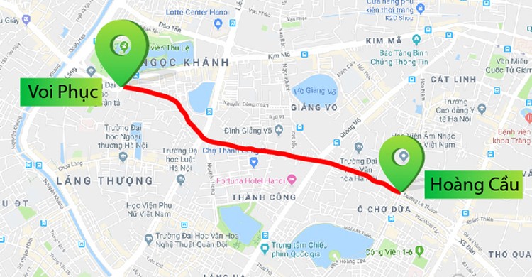 Bản đồ chi tiết 2,2 km Hoàng Cầu - Voi Phục chuẩn bị được thi công mở rộng. Ảnh: Google Maps.