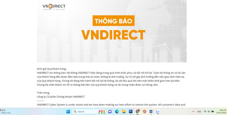 Đến chiều tối 25/3, website của VNDirect vẫn chưa đăng nhập và treo Thông báo của VNDirect
