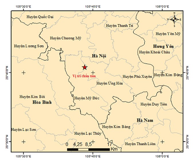 Bản đồ tâm chấn động đất sáng nay 25/3 tại huyện Mỹ Đức, TP. Hà Nội. 