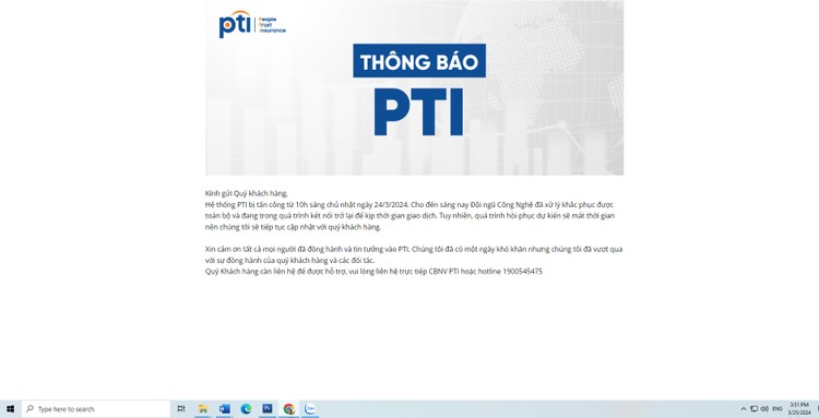 Đến chiều 25/3, website của Bảo hiểm PTI vẫn chưa đăng nhập và treo Thông báo của PTI 