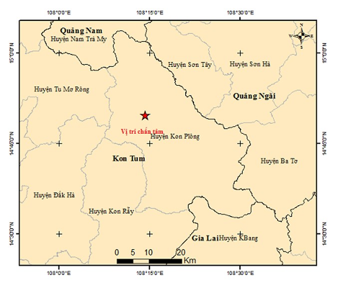 Vị trí động đất tại huyện Kon Plông
