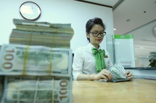 Lúc 8 giờ 35 phút, tại Vietcombank, giá USD tăng 10 đồng so với cuối tuần qua. Ảnh minh họa: TTXVN