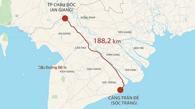Dự án cao tốc Châu Đốc - Cần Thơ - Sóc Trăng dự kiến có chiều dài hơn 188 km. Ảnh St