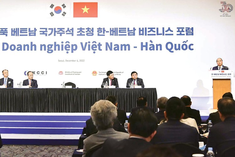 Chủ tịch nước Nguyễn Xuân Phúc phát biểu tại Diễn đàn doanh nghiệp Việt Nam - Hàn Quốc. Ảnh: Nguyễn Hồng
