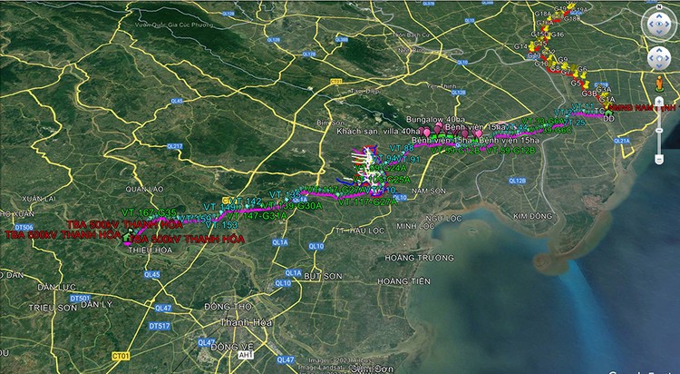 Hướng tuyến (màu hồng) Dự án Đường dây 500kV mạch 3 đoạn NMNĐ Nam Định - Thanh Hóa