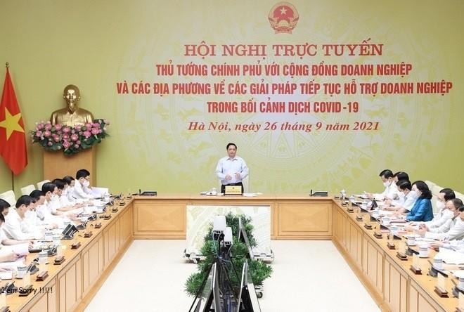 Thủ tướng Chính phủ Phạm Minh Chính chủ trì Hội nghị trực tuyến Thủ tướng Chính phủ với cộng đồng doanh nghiệp và địa phương về các giải pháp tiếp tục hỗ trợ doanh nghiệp trong bối cảnh Covid-19 